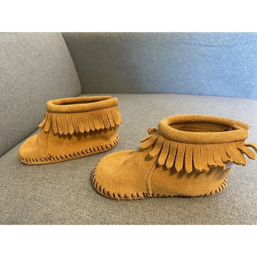 Minnetonka Brown Leather Moccasins Size 5 Toddler Fringe Natural Shoes